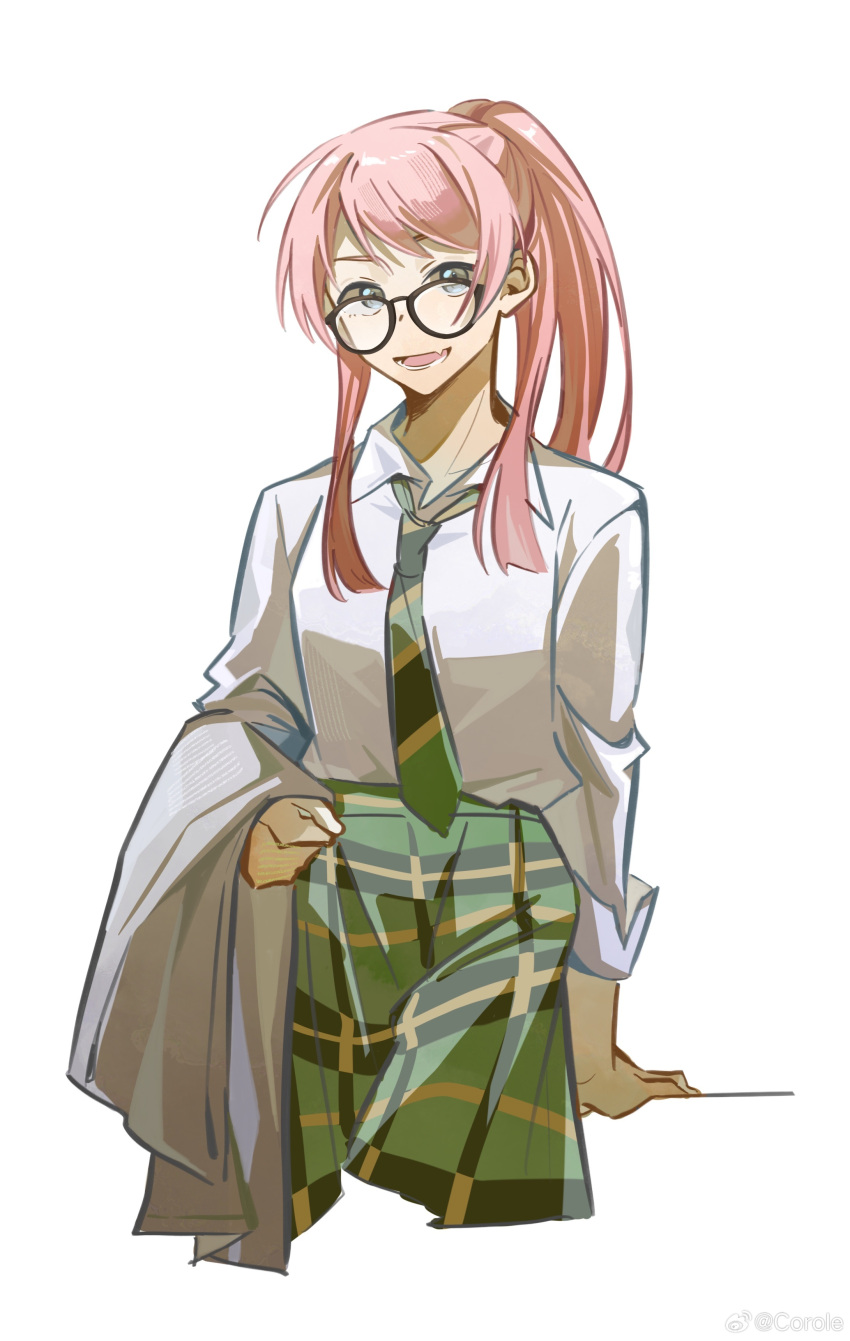 1girl absurdres bang_dream! bang_dream!_it's_mygo!!!!! chihaya_anon chinese_commentary collared_shirt commentary_request fang glasses green_necktie green_skirt grey_eyes haneoka_school_uniform highres jacket long_hair long_sleeves looking_at_viewer necktie open_mouth pink_hair ponytail school_uniform shirt simple_background skin_fang skirt smile solo unworn_jacket weibo_watermark white_background white_shirt yui_k_(yuik48074789)