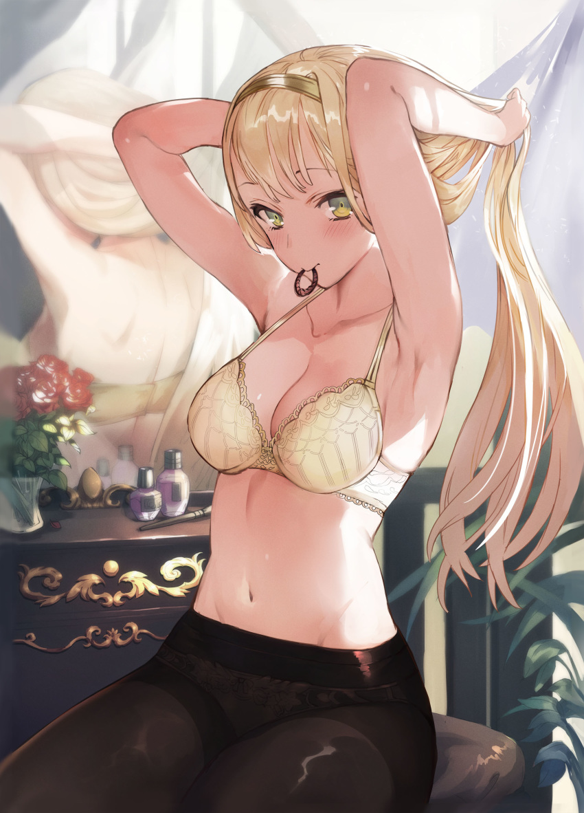 1girl absurdres adjusting_hair armpits arms_up atelier_(series) atelier_ryza blush bra breasts chest_of_drawers day flower green_eyes hair_tie hair_tie_in_mouth highres indoors klaudia_valentz looking_at_viewer makeup_brush medium_breasts midriff mirror mouth_hold navel panties panties_under_pantyhose pantyhose reflection shiny shiny_clothes shiny_legwear sitting toridamono tying_hair underwear white_bra