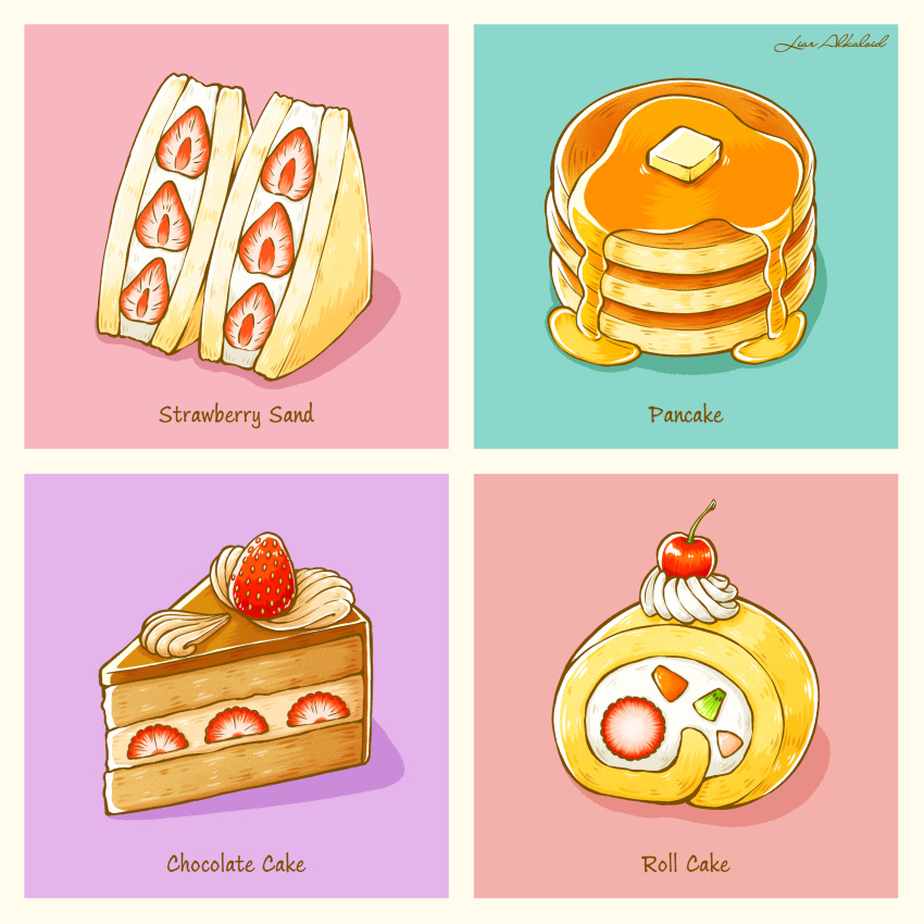 absurdres butter cake cake_slice cherry chocolate_cake food food_focus fruit fruit_sandwich highres laia_alkaloid maple_syrup no_humans original pancake pancake_stack pastry sandwich strawberry swiss_roll whipped_cream