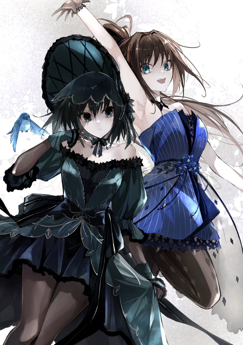 2girls aozaki_aoko bare_shoulders bird black_eyes black_gloves black_hair black_pantyhose black_skirt blue_dress blue_eyes blush bonnet breasts brown_gloves brown_hair brown_pantyhose choker cleavage collarbone dress elbow_gloves frills gloves grey_dress grey_hat hair_intakes hat high_ponytail highres jewelry kino_kokko kuonji_alice large_breasts long_hair long_skirt looking_at_viewer lost_robin_rondo mahou_tsukai_no_yoru medium_breasts multiple_girls off_shoulder open_mouth pantyhose pendant puffy_short_sleeves puffy_sleeves short_hair short_sleeves sidelocks silver_trim skirt smile thighs wrist_cuffs