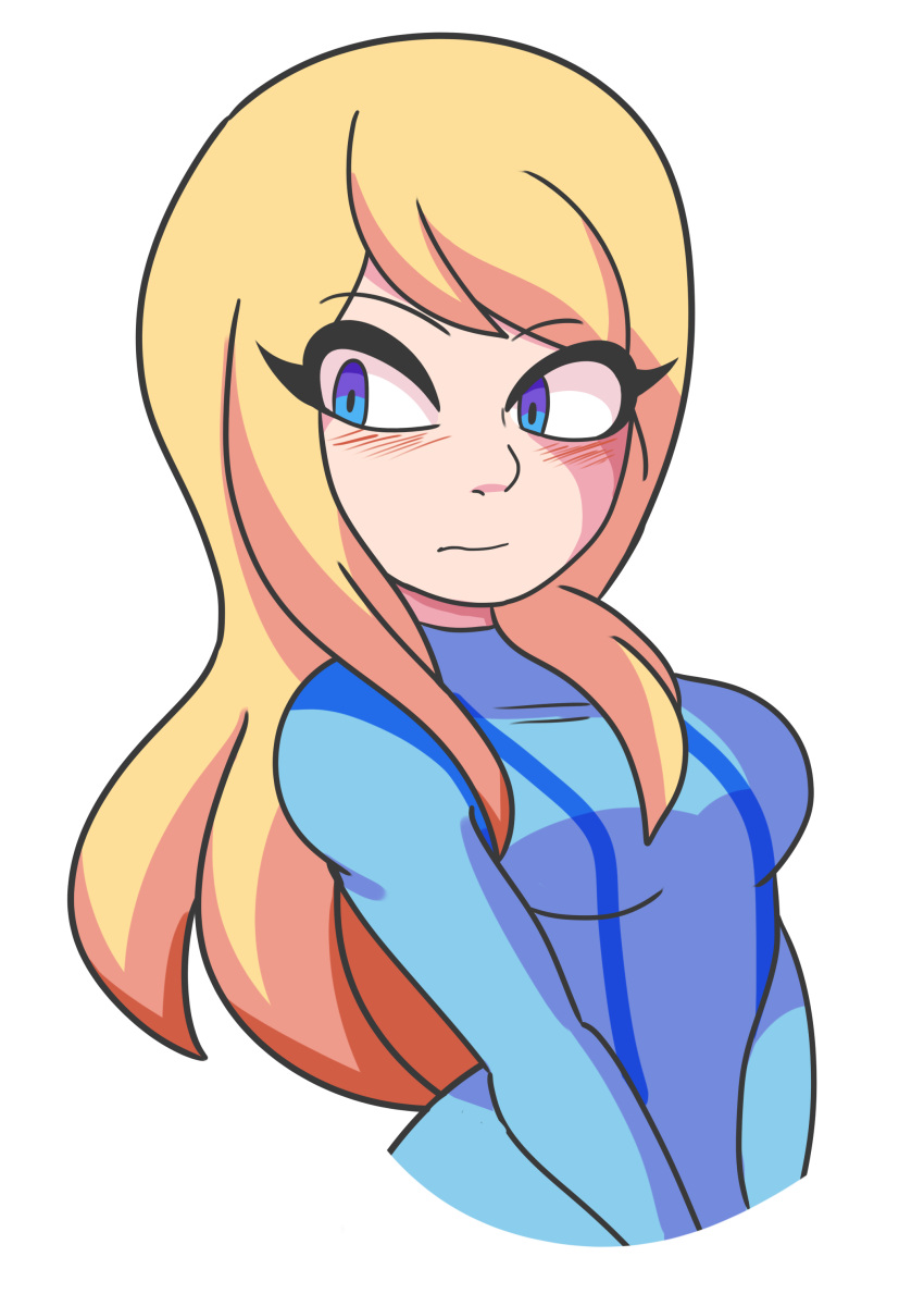 1girl absurdres bbycheese blonde_hair blue_bodysuit blue_eyes blush bodysuit bracelet breasts cropped_arms cropped_torso hair_down highres jewelry long_hair medium_breasts metroid samus_aran simple_background skin_tight solo upper_body white_background zero_suit