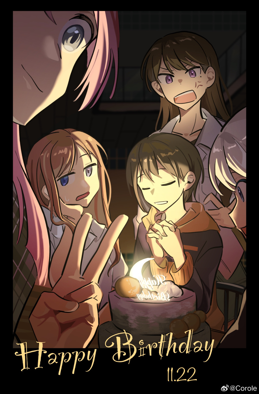 5girls absurdres anger_vein bang_dream! bang_dream!_it's_mygo!!!!! birthday_cake blue_eyes blue_hoodie brown_hair cake chihaya_anon chinese_commentary closed_eyes closed_mouth collared_shirt commentary_request crescent_moon dated food grey_eyes grey_hair happy_birthday highres hood hoodie kaname_raana long_hair long_sleeves mole mole_under_eye moon multiple_girls mygo!!!!!_(bang_dream!) nagasaki_soyo own_hands_together pink_hair purple_eyes shiina_taki shirt shouting sitting smile takamatsu_tomori v white_hair white_shirt yui_k_(yuik48074789)