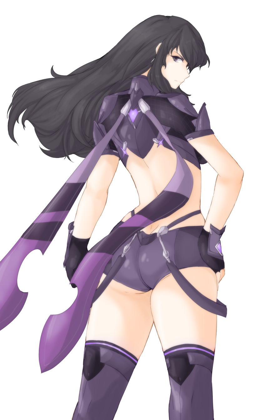 1girl ass ayra_(fire_emblem) back backless_outfit black_hair breasts butt_crack closed_mouth curvy facing_back fingerless_gloves fire_emblem fire_emblem:_genealogy_of_the_holy_war fire_emblem_heroes frown gloves hair_between_eyes hand_on_hip highres large_breasts long_hair looking_at_viewer looking_back purple_eyes short_shorts shorts solo strap suspenders suspenders_hanging thick_thighs thighhighs thighs transparent_background tridisart wide_hips xenoblade_(series) xenoblade_2