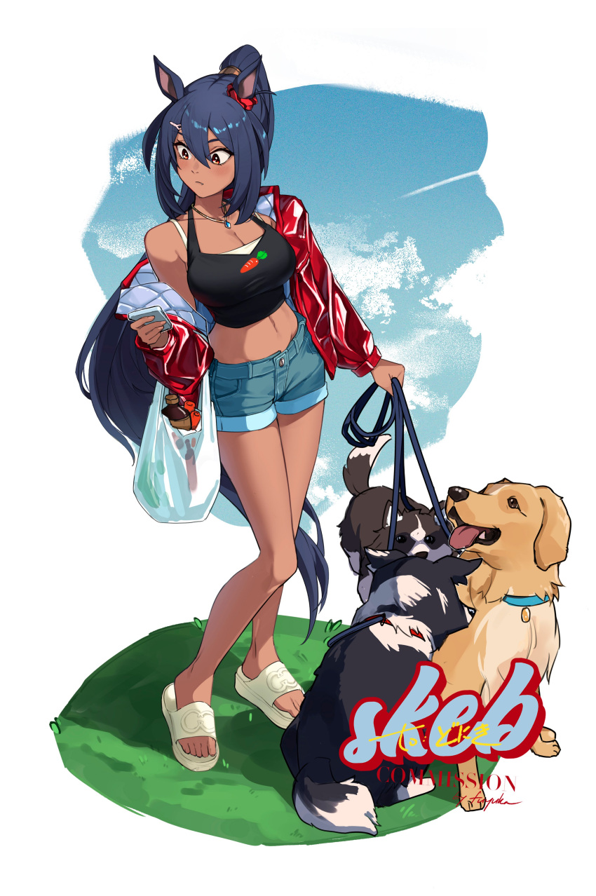 1girl absurdres animal_collar animal_ears bag blue_hair bottle cellphone cloud collar commission dark-skinned_female dark_blue_hair dark_skin dog fuyukayui highres hishi_amazon_(umamusume) holding holding_phone horse_ears horse_girl horse_tail jacket jewelry midriff navel necklace on_grass phone plastic_bag ponytail sandals shorts signature skeb_commission sky solo tail tank_top umamusume watermark yellow_eyes