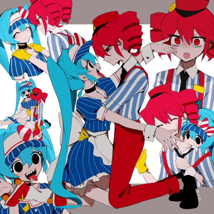 2girls ^_^ absurdres apron aqua_hair biting black_choker black_eyes bow choker closed_eyes closed_mouth crying crying_with_eyes_open drill_hair hat hatsune_miku highres kasane_teto kneeling long_hair mesmerizer_(vocaloid) multiple_girls neck_biting open_mouth pants red_eyes red_hair red_pants shaded_face sharp_teeth shirt simple_background sitting smile striped_clothes striped_shirt suspenders sweat tears teeth tongue tongue_out torino_sasami twin_drills twintails two-tone_background utau very_long_hair visor_cap vocaloid white_apron wrist_cuffs