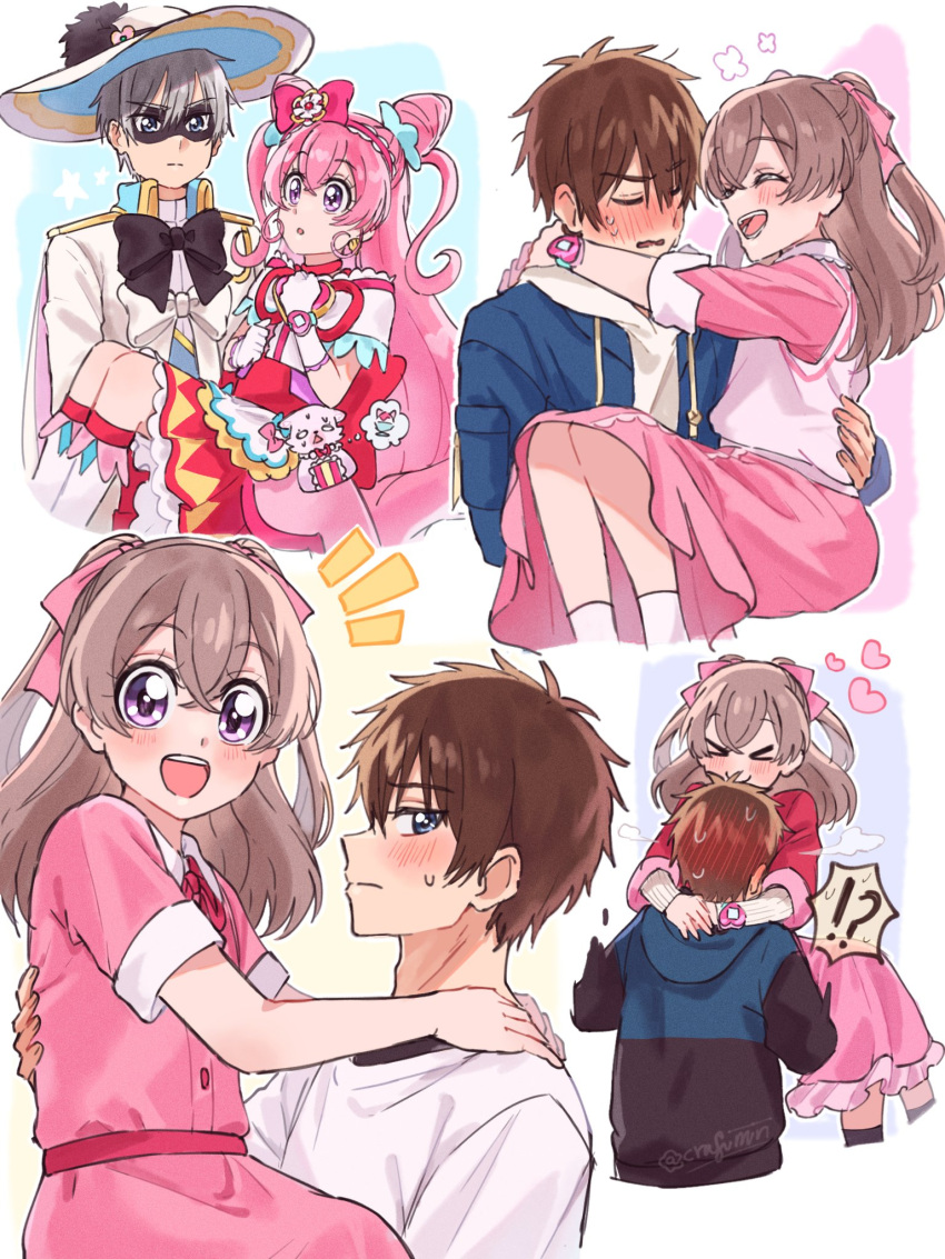 belt blush brown_hair carrying cure_precious dress eye_mask frilled_dress frills from_side hair_ornament hat heart highres hood hoodie hug jacket kome-kome_(precure) long_sleeves miri_(crafimiri) multiple_views nagomi_yui open_mouth pink_dress princess_carry shinada_takumi shirt skirt smile socks surprised sweatdrop twintails vest watch white_shirt wristwatch