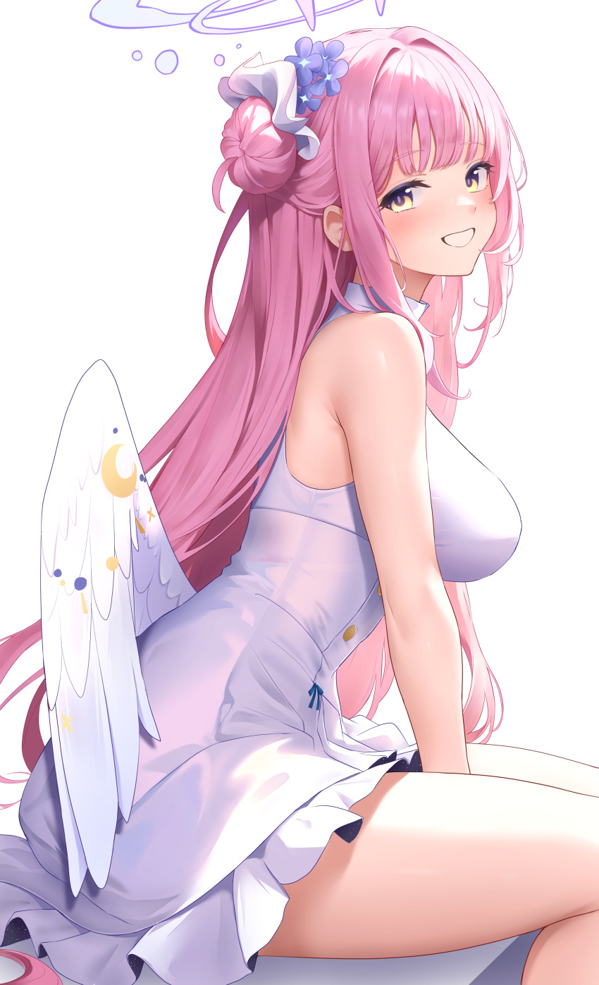 1girl absurdres armpit_crease bare_shoulders blue_archive blush breasts commentary_request dress feathered_wings frilled_dress frills from_side hair_bun hair_intakes hair_ornament halo highres hirahiragi_(h1rqg1) large_breasts long_hair looking_at_viewer low_wings mika_(blue_archive) pink_hair pink_halo simple_background single_hair_bun single_side_bun sitting sleeveless sleeveless_dress smile solo thighs white_background white_dress white_wings wing_ornament wings yellow_eyes