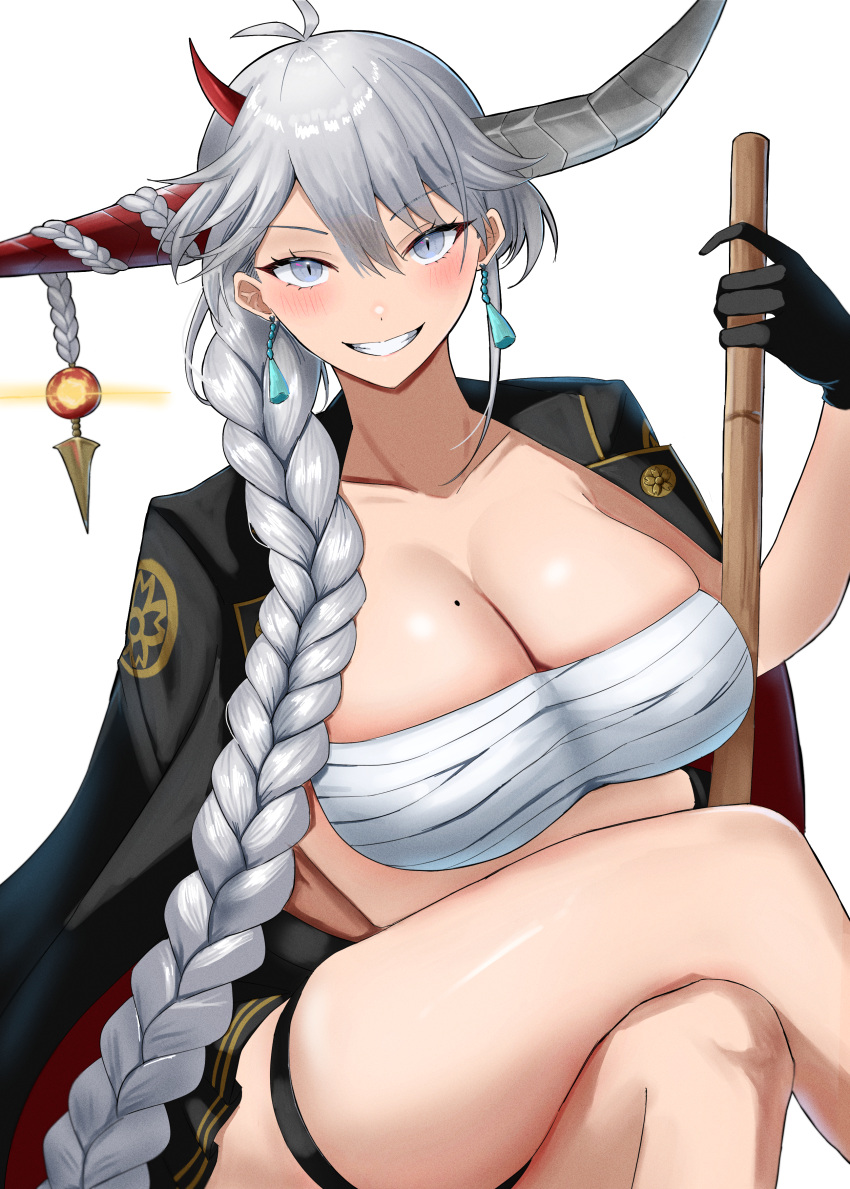 1girl absurdres alternate_costume animal_on_shoulder arm_under_breasts asymmetrical_horns azur_lane banchou bandages bare_legs black_coat black_gloves black_skirt blue_eyes blush braid braided_ponytail breast_rest breasts chest_sarashi cleavage coat commentary_request crossed_legs delinquent dragon_girl dragon_horns earrings gloves grin hair_between_eyes hair_over_shoulder hakuryuu_(azur_lane) hand_up highres horns jewelry large_breasts long_hair looking_at_viewer miniskirt mole mole_on_breast pleated_skirt sakura_empire_(emblem) sarashi sitting skirt slit_pupils smile solo soul_(dp11) thigh_strap thighs very_long_hair white_hair