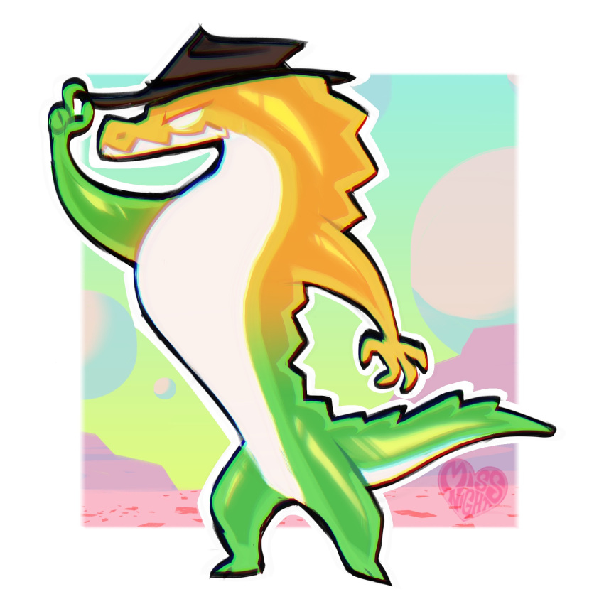 2024 4_fingers adjusting_hat alligator alligatorid anthro artist_logo artist_name biped border brown_clothing brown_hat brown_headwear candy clothing countershade_face countershade_neck countershade_tail countershade_torso countershading crocodilian dessert detailed_background empty_eyes fingers food food_creature full-length_portrait glistening glistening_body glitch_productions green_body green_tail gummigoo_(tadc) gummy_(food) gummy_creature hat hat_only headgear headgear_only headwear headwear_only hi_res itsmissnight living_candy logo male mostly_nude mostly_nude_anthro mostly_nude_male outline portrait reptile scalie solo standing tail the_amazing_digital_circus top_heavy white_body white_border white_countershading white_eyes white_outline yellow_body