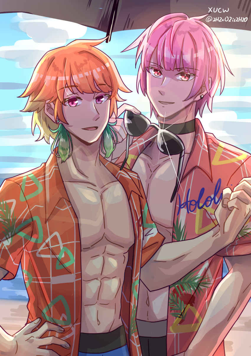 2boys absurdres earrings feather_earrings feathers genderswap genderswap_(ftm) gradient_hair green_hair hawaiian_shirt highres hololive hololive_english jewelry looking_at_viewer male_focus mori_calliope multicolored_hair multiple_boys muscular muscular_male open_clothes open_mouth open_shirt orange_hair pink_hair purple_eyes shirt short_hair smile sunglasses takanashi_kiara virtual_youtuber xu_chin-wen yaoi