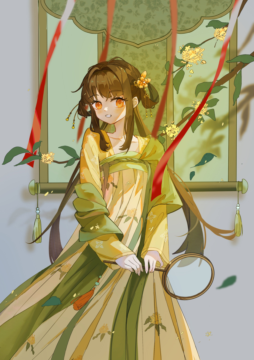 1girl absurdres branch brown_hair chinese_clothes dress flower gloves green_dress green_theme hair_flower hair_ornament hanfu highres holding long_sleeves looking_at_viewer orange_eyes original osmanthus qixiong_ruqun rlia smile solo tassel tuanshan white_gloves window