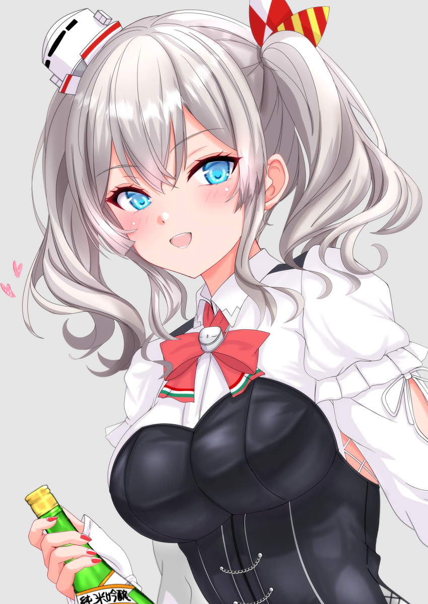 1girl absurdres blue_eyes blush bodice bottle breasts corset cosplay grey_background hat highres kantai_collection kashima_(kancolle) large_breasts long_hair long_sleeves looking_at_viewer mini_hat necktie nitamako_(sakamalh) open_mouth pola_(kancolle) pola_(kancolle)_(cosplay) shirt skirt smile solo tilted_headwear twintails upper_body wavy_hair white_shirt wine_bottle