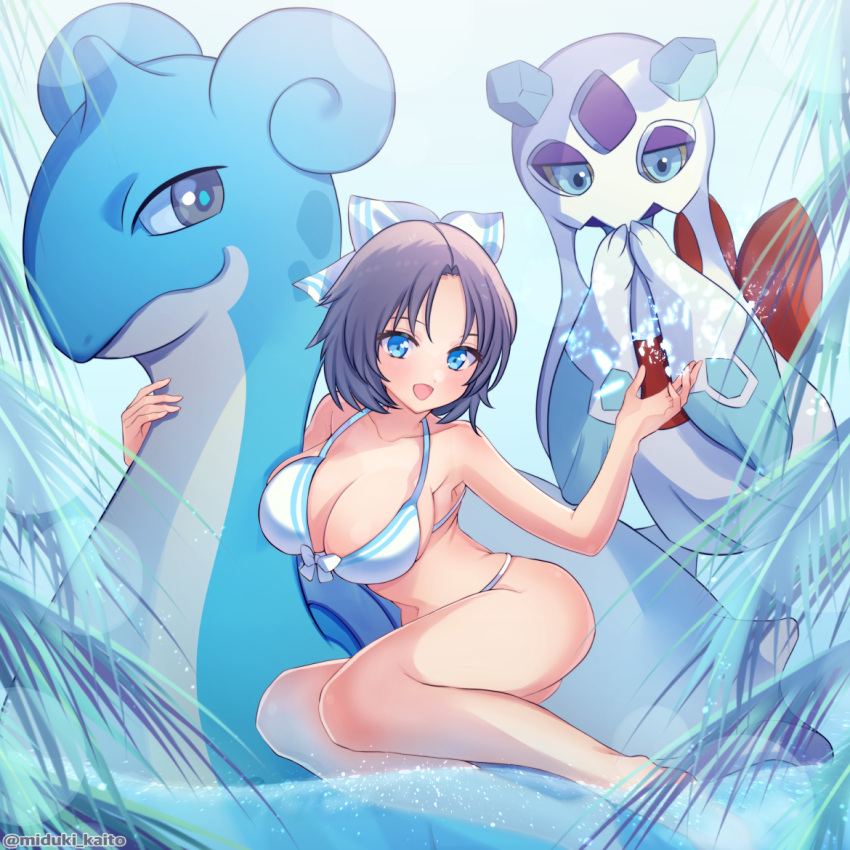 1girl :d back_bow barefoot bikini blue_eyes blush bow breasts cleavage closed_mouth collarbone colored_sclera colored_skin crossover cryokinesis front-tie_bikini_top front-tie_top froslass full_body gogat8 grey_hair groin hair_bow horns ice lapras large_breasts leaf looking_at_viewer open_mouth outdoors palm_leaf parted_bangs pokemon pokemon_(creature) pokemon_dppt pokemon_rgby purple_skin riding riding_pokemon senran_kagura senran_kagura_shinovi_versus shell short_hair single_horn skindentation smile snow striped_bow swimming swimsuit water white_bow yellow_sclera yumi_(senran_kagura)