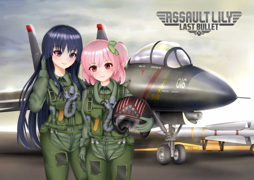 2girls ace_combat ace_combat_5 aircraft airfield airplane arm_at_side assault_lily black_hair character_name closed_mouth cloud cloudy_sky clover_hair_ornament commentary_request copyright_name cowboy_shot evening f-14_tomcat fighter_jet four-leaf_clover_hair_ornament hair_ornament hand_in_own_hair hand_up helmet highres hitotsuyanagi_riri holding holding_helmet imai_tomohiro jet light_blush long_hair looking_at_viewer military_vehicle missile multiple_girls name_connection one_side_up parody pilot_helmet pilot_suit pink_eyes purple_eyes razgriz shirai_yuyu short_hair side-by-side sidelocks sky smile standing unworn_headwear unworn_helmet very_long_hair