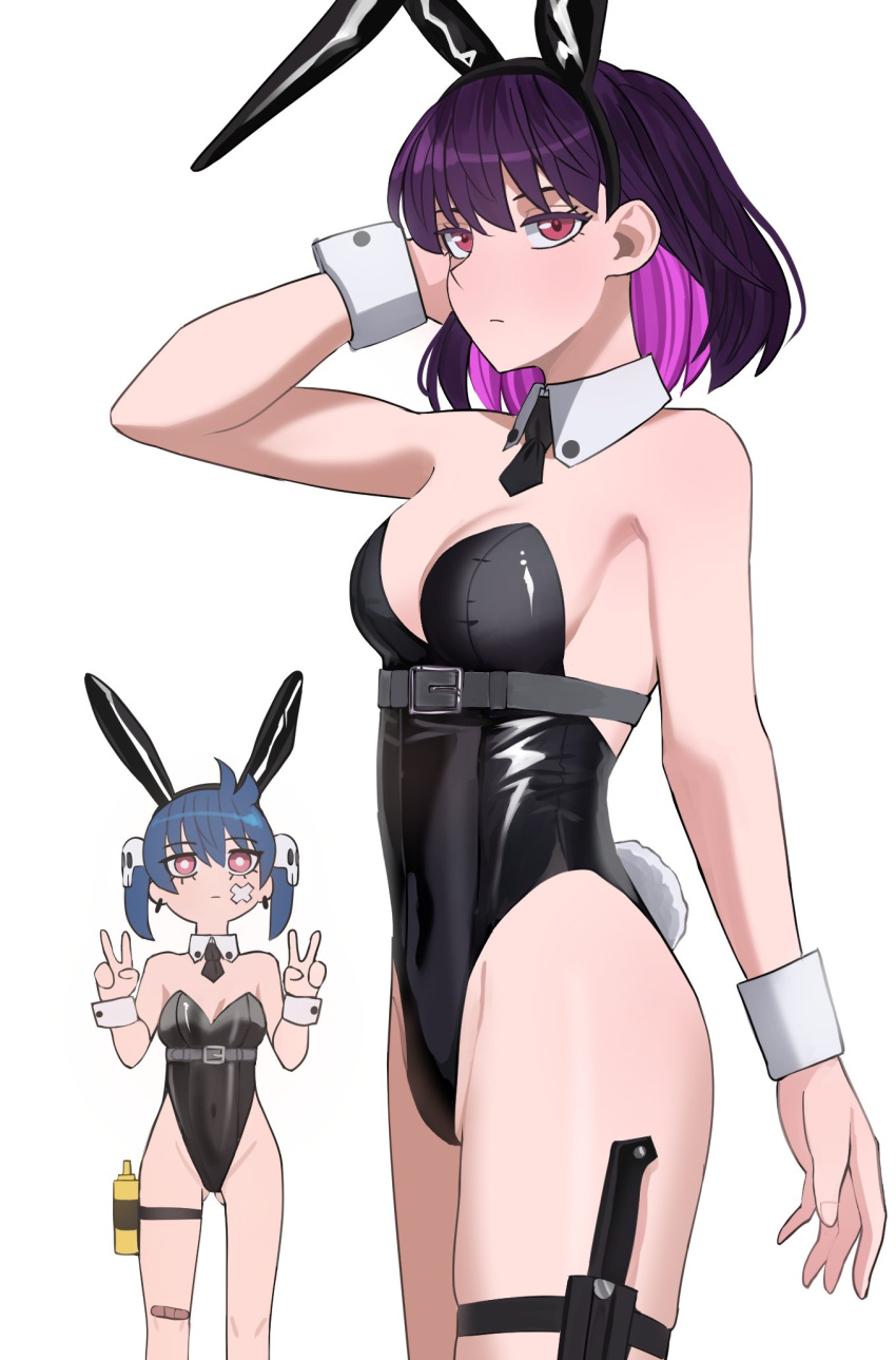 2girls animal_ears arm_behind_head arm_up bare_shoulders belt belt_buckle black_hairband black_leotard blue_hair breasts buckle closed_mouth double_v fake_animal_ears grey_belt groin hair_between_eyes hairband hands_up highres ji-yoon_(jourd4n) jourd4n leotard medium_breasts minori_yume_(jourd4n) multicolored_hair multiple_girls mustard_bottle original pink_hair playboy_bunny purple_hair rabbit_ears rabbit_tail red_eyes simple_background small_breasts strapless strapless_leotard tail twintails two-tone_hair v white_background wrist_cuffs