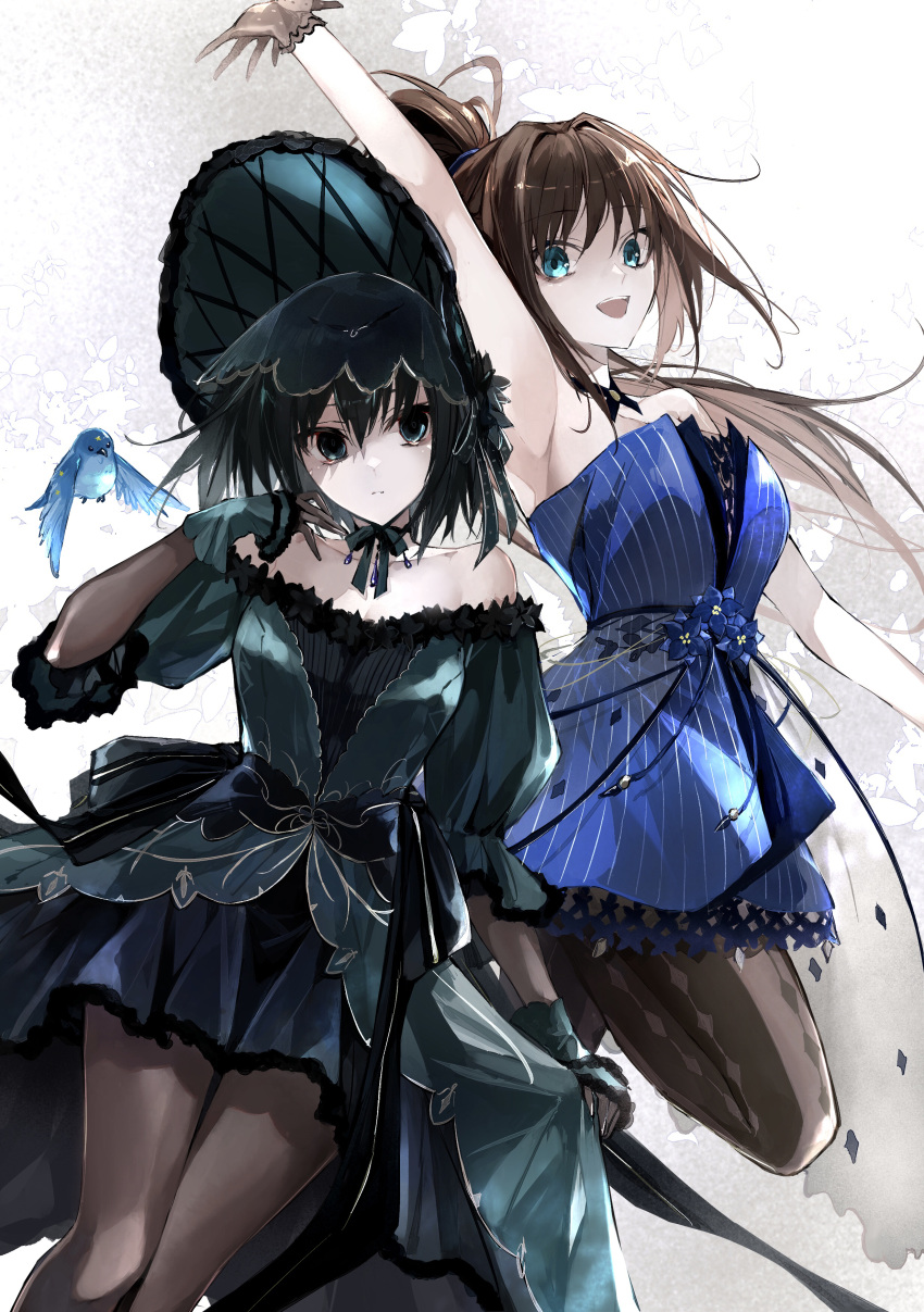 2girls absurdres aozaki_aoko bare_shoulders bird black_eyes black_gloves black_hair black_pantyhose black_skirt blue_dress blue_eyes blush bonnet breasts brown_gloves brown_hair brown_pantyhose choker cleavage collarbone dress elbow_gloves frills gloves grey_dress grey_hat hair_intakes hat high_ponytail highres jewelry kino_kokko kuonji_alice large_breasts long_hair long_skirt looking_at_viewer lost_robin_rondo mahou_tsukai_no_yoru medium_breasts multiple_girls off_shoulder open_mouth pantyhose pendant puffy_short_sleeves puffy_sleeves short_hair short_sleeves sidelocks silver_trim skirt smile thighs wrist_cuffs