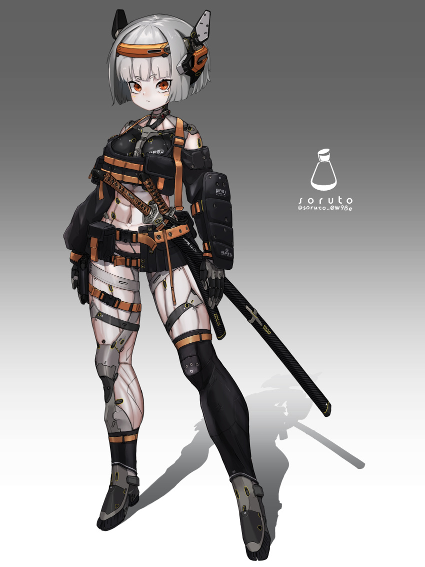 1girl absurdres armor arms_at_sides artist_name belt belt_pouch breasts commentary_request cyborg full_body gradient_background grey_background grey_hair headgear highres looking_at_viewer medium_breasts orange_eyes original pouch science_fiction shadow sheath sheathed short_hair single_thighhigh solo soruto_0w98e standing sword thighhighs two-tone_background variant_set weapon white_background