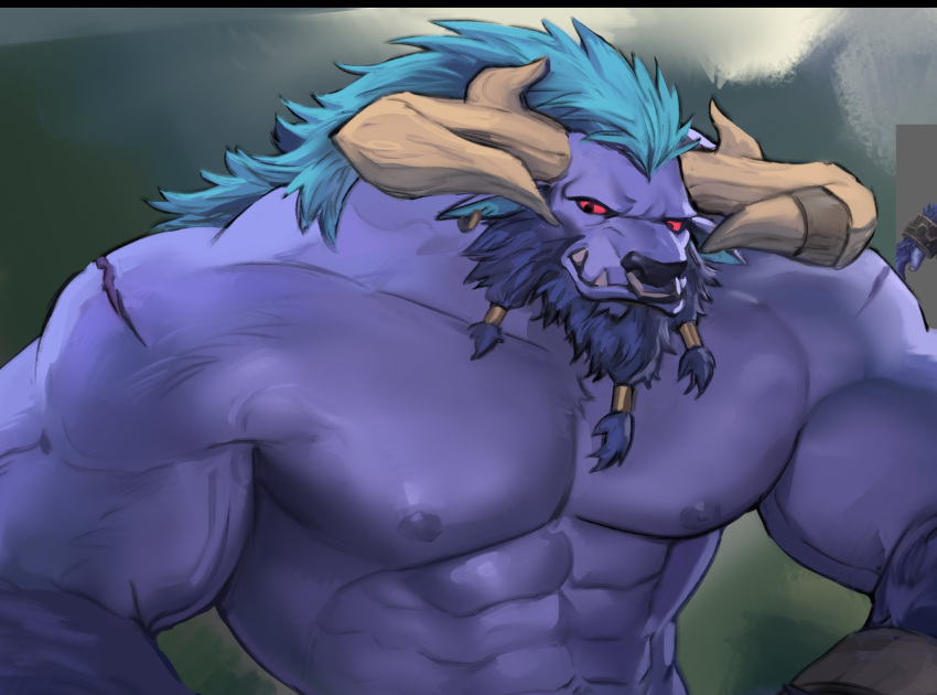 2_horns abs alistar_(lol) anthro blue_hair bovid bovine dopq european_mythology greek_mythology hair hi_res horn league_of_legends male mammal minotaur muscular muscular_anthro muscular_male mythology pecs purple_body red_eyes riot_games solo tencent vein veiny_muscles