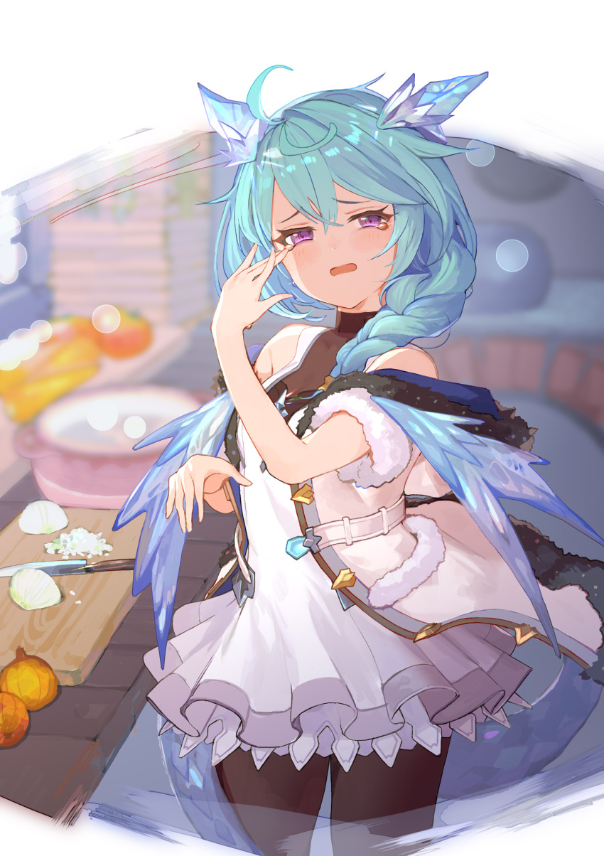 1girl black_pantyhose blue_hair blue_wings braid braided_ponytail coat dragon_girl dragon_horns dragon_tail dragon_wings fur-trimmed_coat fur-trimmed_hood fur-trimmed_sleeves fur_trim highres hood horns kitchen kitchen_knife mizopost onion pantyhose princess_connect! shefi_(princess_connect!) solo tail tearing_up wings