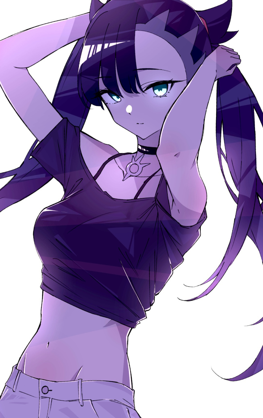1girl alternate_costume arms_behind_head arms_up asymmetrical_bangs black_choker black_hair black_shirt bra_strap breasts casual choker closed_mouth crop_top expressionless green_eyes highres long_hair looking_at_viewer marie_(pixiv59672544) marnie_(pokemon) medium_breasts midriff navel pants pendant_choker pokemon pokemon_swsh shirt simple_background solo stomach twintails upper_body white_background white_pants