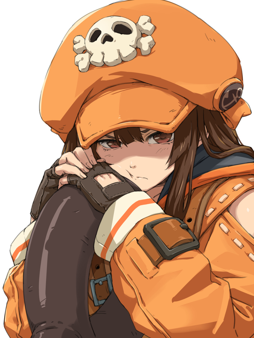 1girl absurdres anchor brown_eyes brown_hair cabbie_hat fingerless_gloves gloves guilty_gear guilty_gear_strive hat highres hood hoodie iguchi_(strawmat) light_frown long_hair may_(guilty_gear) orange_hat orange_hoodie simple_background skull_and_crossbones solo upper_body white_background