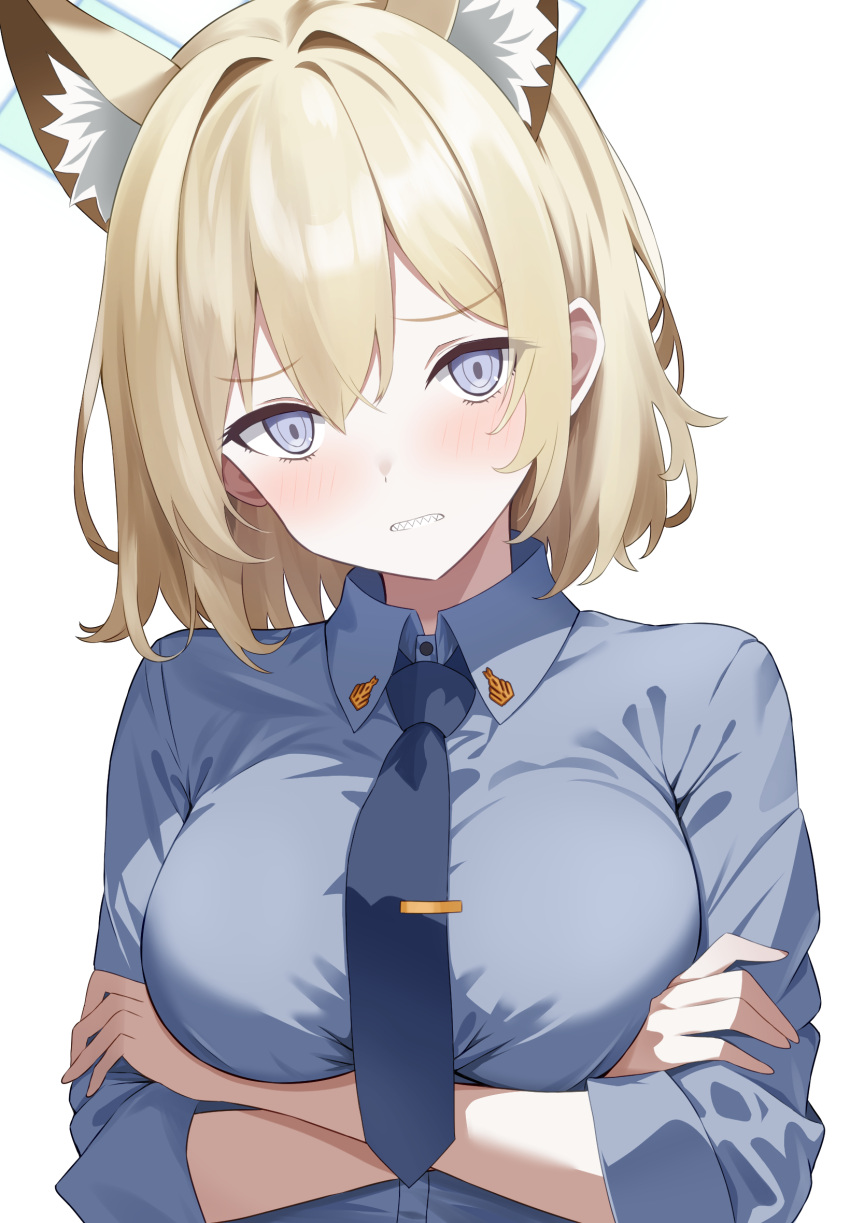 1girl alternate_hairstyle animal_ear_fluff animal_ears aqua_halo blonde_hair blue_archive blue_eyes blue_necktie blue_shirt blush breasts collared_shirt commentary_request crossed_arms dog_ears dog_girl hair_between_eyes halo head_tilt highres kanna_(blue_archive) large_breasts long_sleeves looking_at_viewer medium_hair necktie police police_uniform policewoman raimu_(clanberry000) revision sharp_teeth shirt sidelocks simple_background sleeves_rolled_up solo teeth tie_clip uniform upper_body white_background