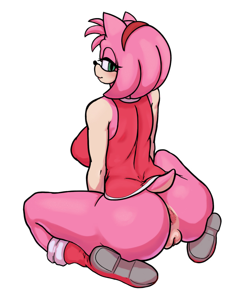 2024 amy_rose anthro anus blush butt butt_focus clothing deentag digital_drawing_(artwork) digital_media_(artwork) dress eulipotyphlan eyelashes female footwear fur genitals green_eyes headgear headwear hedgehog hi_res looking_back mammal nipple_outline pink_body pink_fur presenting presenting_hindquarters pussy rear_view sega sitting smile solo sonic_the_hedgehog_(series) tan_body thick_thighs wide_hips