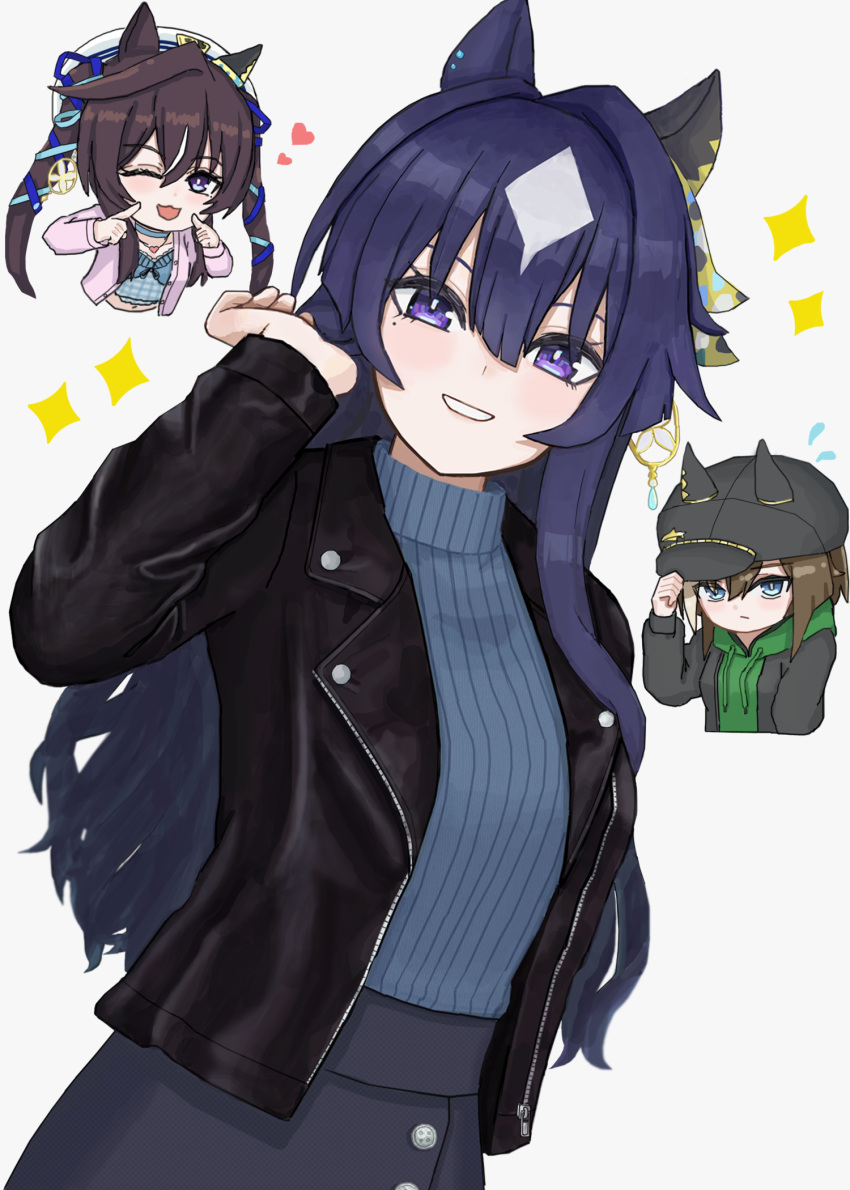 3girls :3 ;d animal_ears atyattyan black_jacket blue_eyes blue_hair blue_ribbon blue_sweater brown_hair cabbie_hat cheval_grand_(umamusume) dark_blue_hair ear_covers green_hoodie green_sweater grey_sweater hair_between_eyes hair_ribbon hat highres hood hooded_sweater hoodie horse_ears horse_girl jacket leather leather_jacket long_hair looking_at_viewer mole mole_under_eye multicolored_hair multiple_girls one_eye_closed peaked_cap pink_jacket purple_eyes ribbed_sweater ribbon short_hair siblings simple_background single_ear_cover sisters smile solo_focus sparkle streaked_hair sweater twintails umamusume v_sisters verxina_(umamusume) vivlos_(umamusume) white_background white_hair