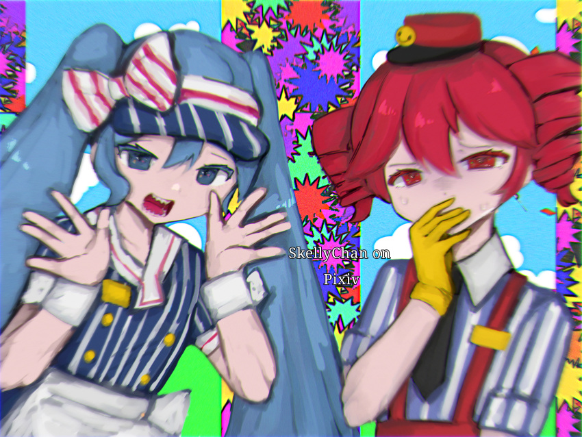 2girls artist_name blue_eyes blue_hair bow drill_hair hair_bow hand_on_own_face hands_up hatsune_miku highres kasane_teto long_hair looking_at_viewer mesmerizer_(vocaloid) multiple_girls open_mouth pixiv_username red_eyes red_hair sharp_teeth skellychan sweat synthesizer_v teeth twin_drills vocaloid