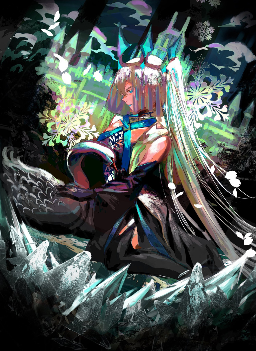1girl animal bare_shoulders black_dress black_footwear black_gloves black_swan_(bird) blue_eyes blue_lips boots castle cloud commentary_request crown detached_sleeves dress falling_petals fate/grand_order fate_(series) full_body gloves highres holding holding_animal ice kneeling lipstick long_hair long_sleeves looking_at_animal looking_down makeup minayukiinori morgan_le_fay_(fate) morgan_le_fay_(queen_of_winter)_(fate) outdoors painterly partial_commentary petals ponytail snowflakes solo thigh_boots veil very_long_hair white_hair wide_sleeves