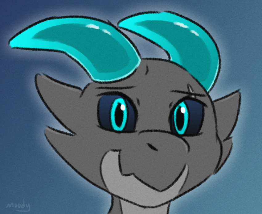 2024 anthro black_sclera blue_background blue_eyes blue_horn grey_body grey_nose grey_scales headshot_portrait horn kobold looking_at_viewer male moodytail portrait reptile scales scalie scar side_b signature simple_background smile smiling_at_viewer snout solo