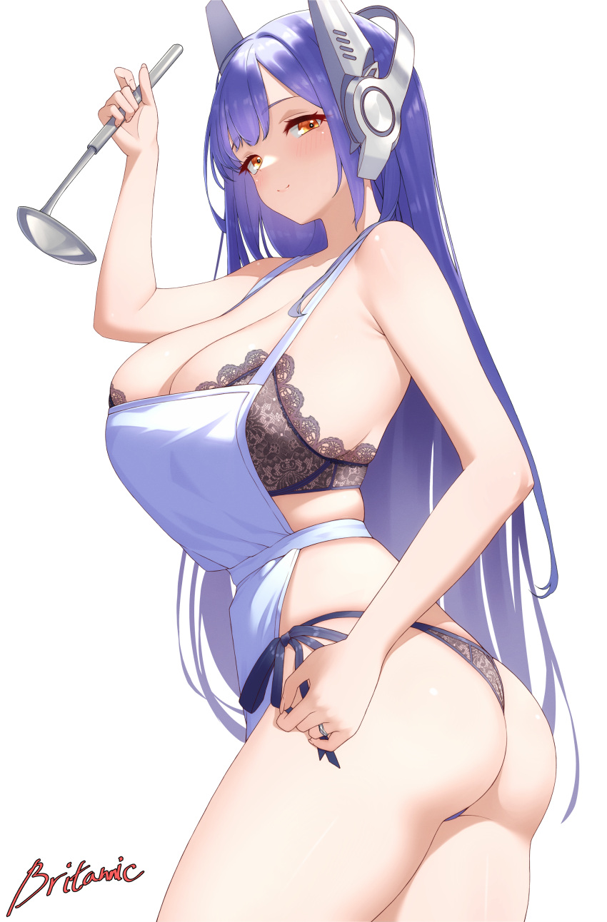 1girl absurdres apron artist_name ass baozi blue_hair bra breasts closed_mouth commission cowboy_shot darkswan food girls'_frontline headgear highres holding holding_ladle jewelry lace-trimmed_bra lace_trim ladle large_breasts long_hair longevity_peach_bun looking_at_viewer orange_eyes panties ring side-tie_panties simple_background smile solo tar-21_(girls'_frontline) underwear wedding_ring white_apron white_background