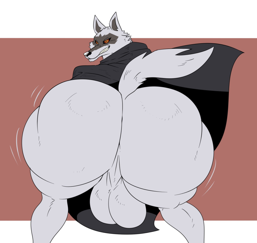 anthro balls big_balls big_butt butt canid canine canis clothing death_(puss_in_boots) dreamworks genitals grey_body hi_res huge_balls huge_butt looking_at_viewer looking_back male mammal motion_lines overweight overweight_male puss_in_boots_(dreamworks) reagan700 red_eyes smile solo tail teeth thick_thighs wide_hips wolf
