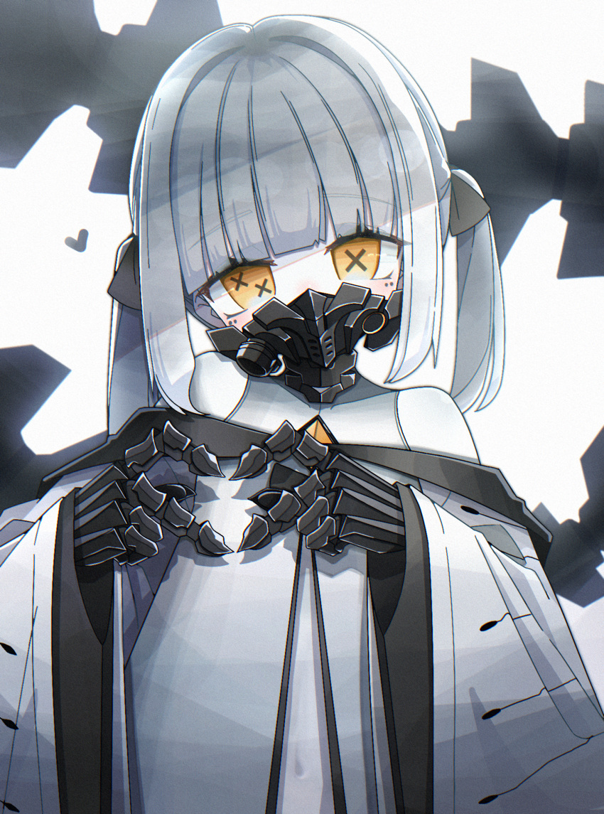 1girl black_mask blue_archive blush collarbone colored_skin dress ein_(blue_archive) extra_pupils heart highres long_hair long_sleeves looking_at_viewer mechanical_hands mechanical_tail navel respirator solo symbol-shaped_pupils tail twintails upper_body veni_tsubaki white_dress white_hair white_skin wide_sleeves x-shaped_pupils yellow_eyes