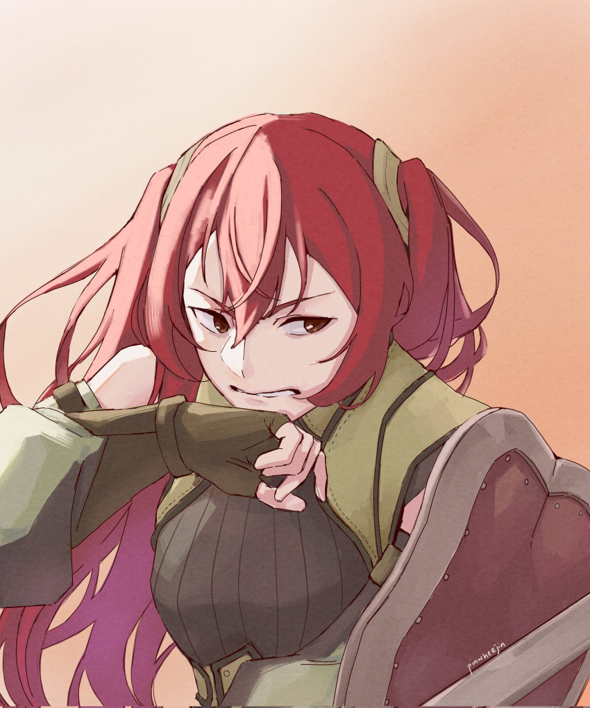 1girl artist_name brown_gloves detached_sleeves english_commentary fingerless_gloves fire_emblem fire_emblem_awakening gloves hair_between_eyes highres holding holding_shield long_hair looking_to_the_side pinwheejin red_eyes red_hair severa_(fire_emblem) shield solo twintails upper_body