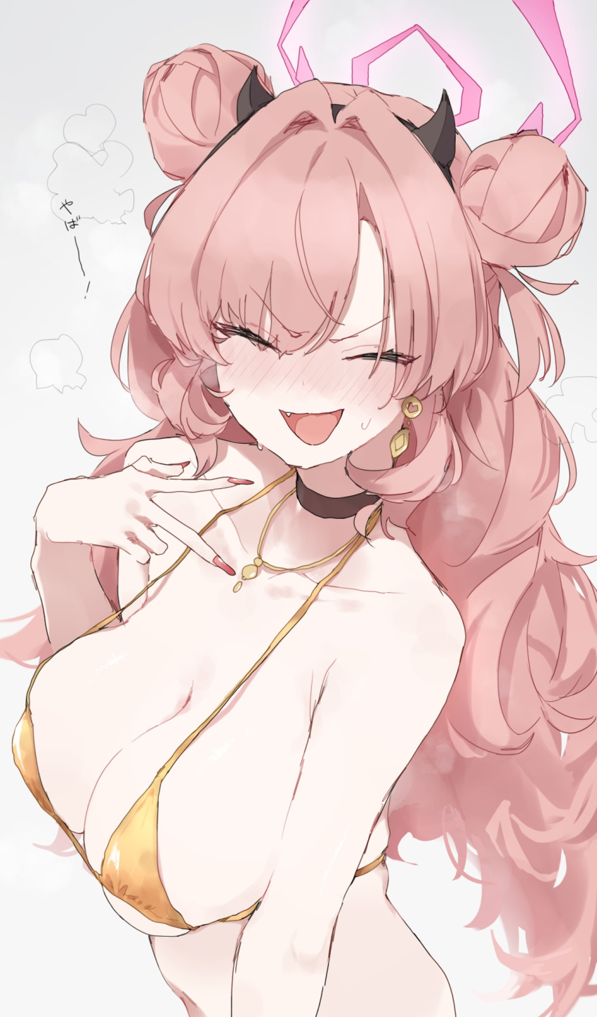 1girl bare_arms bare_shoulders bikini black_choker blue_archive blush breasts choker cleavage closed_eyes collarbone double_bun earrings facing_viewer fake_horns fang fingernails gold_bikini hair_bun halo highres horns jewelry kirara_(blue_archive) large_breasts long_fingernails long_hair makkurourufu nail_polish open_mouth pink_hair pink_halo pink_nails solo swimsuit upper_body