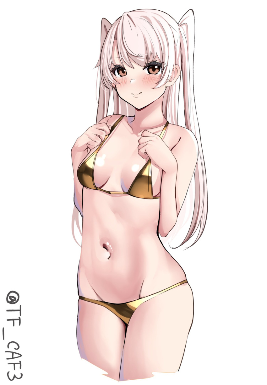 1girl alternate_costume amatsukaze_(kancolle) bikini breasts brown_eyes cleavage commentary_request cowboy_shot gold_bikini grey_hair highres kantai_collection long_hair navel one-hour_drawing_challenge simple_background small_breasts smile solo swimsuit tf_cafe twintails twitter_username very_long_hair white_background