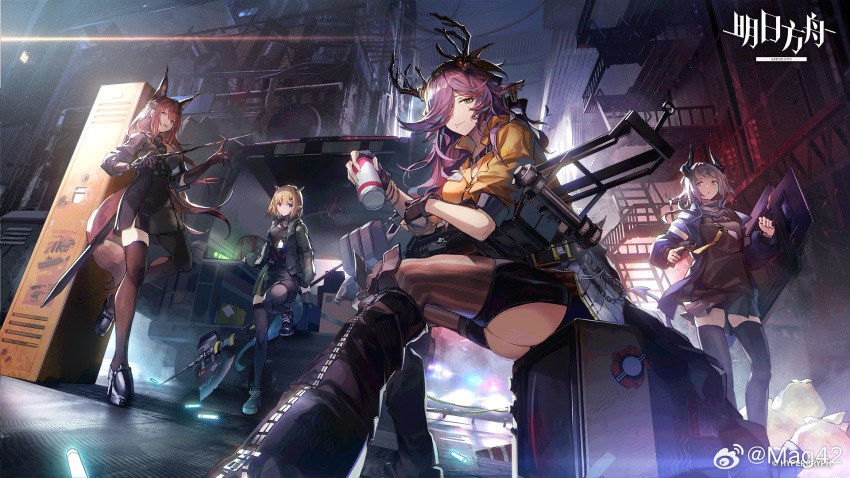 4girls animal_ears arknights asymmetrical_legwear black_footwear black_gloves black_thighhighs blonde_hair boots brown_hair brown_thighhighs can closed_mouth clothing_cutout coldshot_(arknights) cross-laced_footwear elbow_gloves fingerless_gloves franka_(arknights) gloves grey_hair gun hair_over_one_eye high_heels highres holding holding_can holding_gun holding_shield holding_weapon horns liskarm_(arknights) long_hair long_sleeves mag_(mag42) mole mole_under_mouth multiple_girls official_art pantyhose pointy_ears purple_hair red_eyes shield shoes short_hair sitting skirt smile standing striped_clothes striped_pantyhose thigh_boots thighhighs vanilla_(arknights) weapon zettai_ryouiki