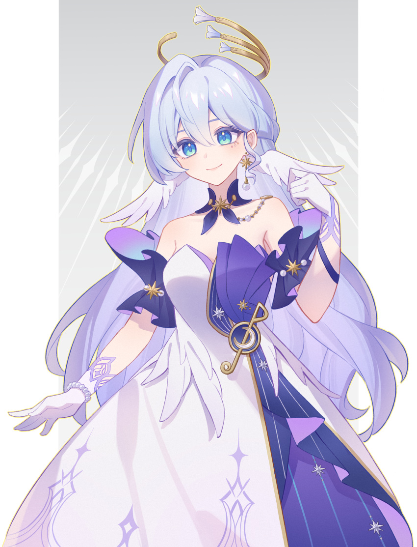 1girl aki05006 aqua_eyes asymmetrical_gloves bare_shoulders bead_bracelet beads bracelet closed_mouth detached_sleeves dress earrings gloves grey_background hair_between_eyes halo hand_up head_wings highres honkai:_star_rail honkai_(series) jewelry long_hair looking_at_viewer purple_dress purple_hair robin_(honkai:_star_rail) short_sleeves simple_background smile solo standing two-tone_background two-tone_dress uneven_gloves white_background white_dress white_gloves white_wings wings