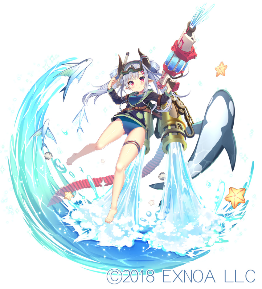 1girl barefoot breasts commentary_request dolphin full_body gemini_seed goggles goggles_on_head highres horns kurano_(gemini_seed) kurano_(swimsuit)_(gemini_seed) looking_at_viewer official_alternate_costume official_art open_mouth orca simple_background solo starfish usamata water watermark white_background