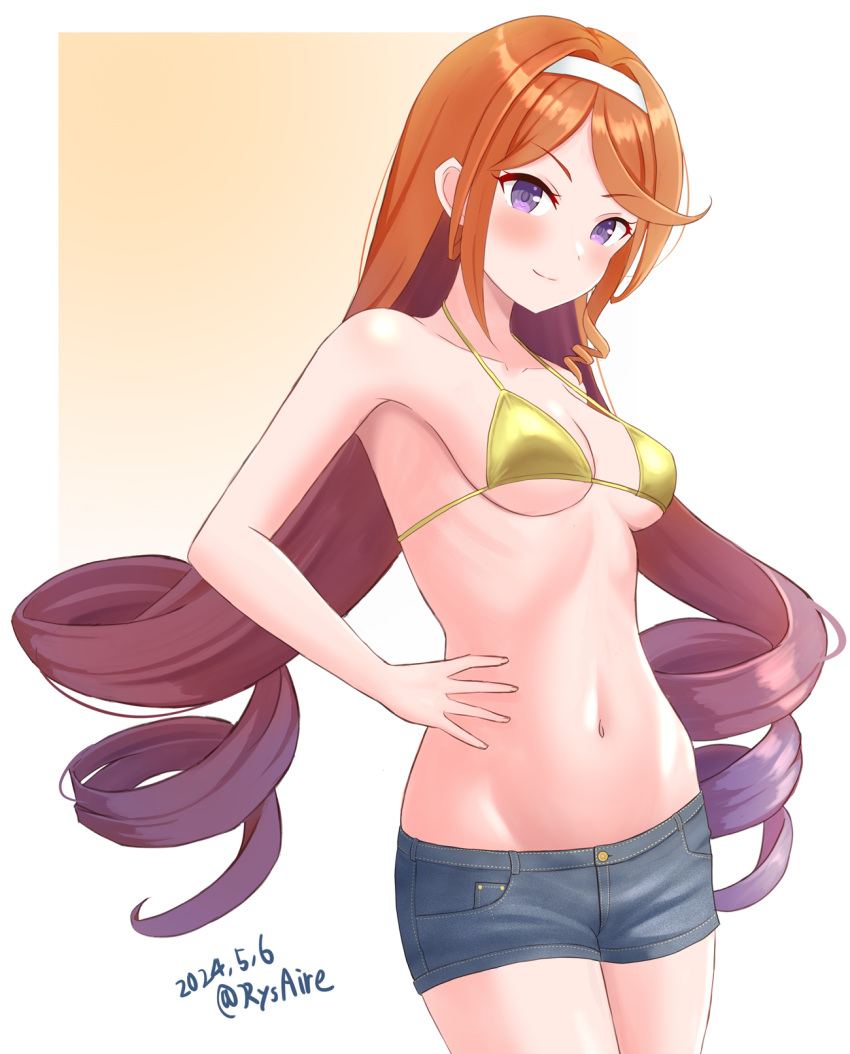 1girl alternate_costume ame-san asymmetrical_sidelocks bikini breasts drill_hair gold_bikini gradient_hair grey_shorts hairband highres kantai_collection long_hair medium_breasts multicolored_hair navel orange_hair purple_eyes purple_hair short_shorts shorts side_drill solo swimsuit very_long_hair white_hairband yuugure_(kancolle)