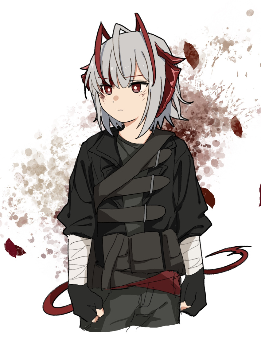 1girl arknights black_gloves black_jacket blood blood_on_face closed_mouth cropped_legs fingerless_gloves gloves grey_hair grey_pants grey_shirt hair_between_eyes highres jacket long_sleeves looking_to_the_side open_clothes open_jacket pants pe3075 puffy_long_sleeves puffy_sleeves red_eyes shirt solo tail w_(arknights) white_background