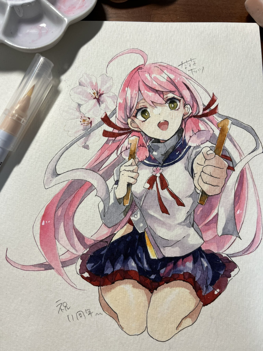 1girl ahoge akashi_(kancolle) art_tools_in_frame flower green_eyes hair_ribbon highres kantai_collection long_hair looking_at_viewer nanananatsu open_mouth painting_(medium) photo_(medium) pink_hair ribbon school_uniform serafuku sitting skirt smile solo traditional_media watercolor_(medium)