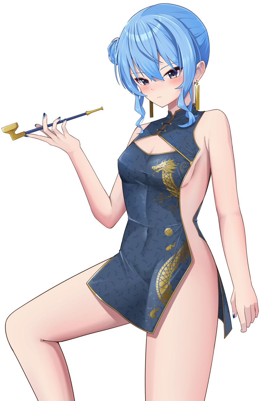 1girl absurdres alternate_costume bare_legs blue_eyes blue_hair blue_nails blush breasts china_dress chinese_clothes closed_mouth commentary covered_navel cowboy_shot dangle_earrings dragon_print dress earrings gold_earrings hair_bun highres hiiragi_melt holding holding_smoking_pipe hololive hoshimachi_suisei jewelry short_dress simple_background sleeveless sleeveless_dress small_breasts smoking_pipe solo virtual_youtuber white_background