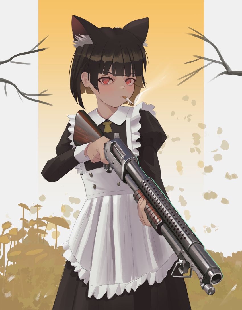 1girl absurdres animal_ear_fluff animal_ears apron black_dress black_hair blunt_bangs blunt_ends blush bob_cut border branch cat_ears cat_girl cigarette collaboration commentary cowboy_shot dress english_commentary foliage frilled_apron frills gradient_background gun highres holding holding_gun holding_weapon juliet_sleeves klottinen long_sleeves looking_at_viewer loose_hair_strand maid mouth_hold original outside_border pillarboxed puffy_sleeves pump_action red_eyes shotgun smoke smoking solo weapon weapon_request white_apron white_border yellow_background