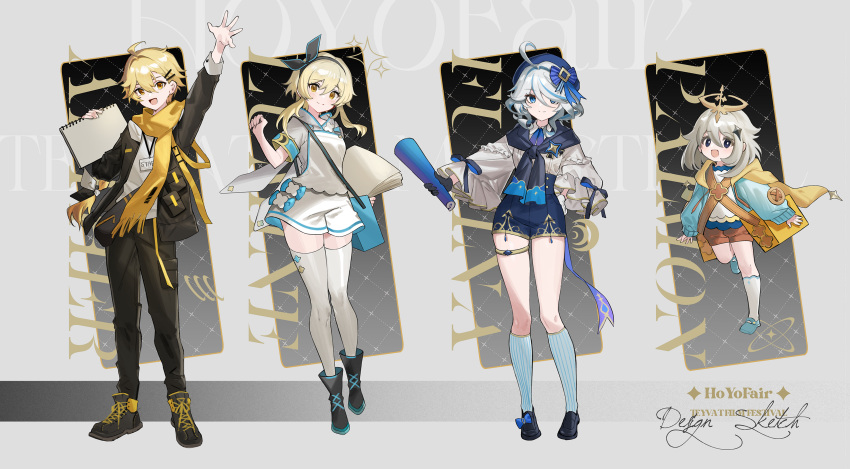 1boy 3girls absurdres aether_(genshin_impact) ahoge alternate_costume black_bow black_bowtie black_eyes black_shirt blonde_hair blue_eyes blue_hair book bow bowtie character_name flying full_body furina_(genshin_impact) genshin_impact hairband hayama_eishi highres holding holding_book leg_up light_blue_hair looking_at_viewer lumine_(genshin_impact) multiple_girls paimon_(genshin_impact) picture_book scarf shirt short_hair simple_background socks staff standing standing_on_one_leg thigh_strap thighhighs white_hair white_socks white_thighhighs yellow_eyes yellow_scarf