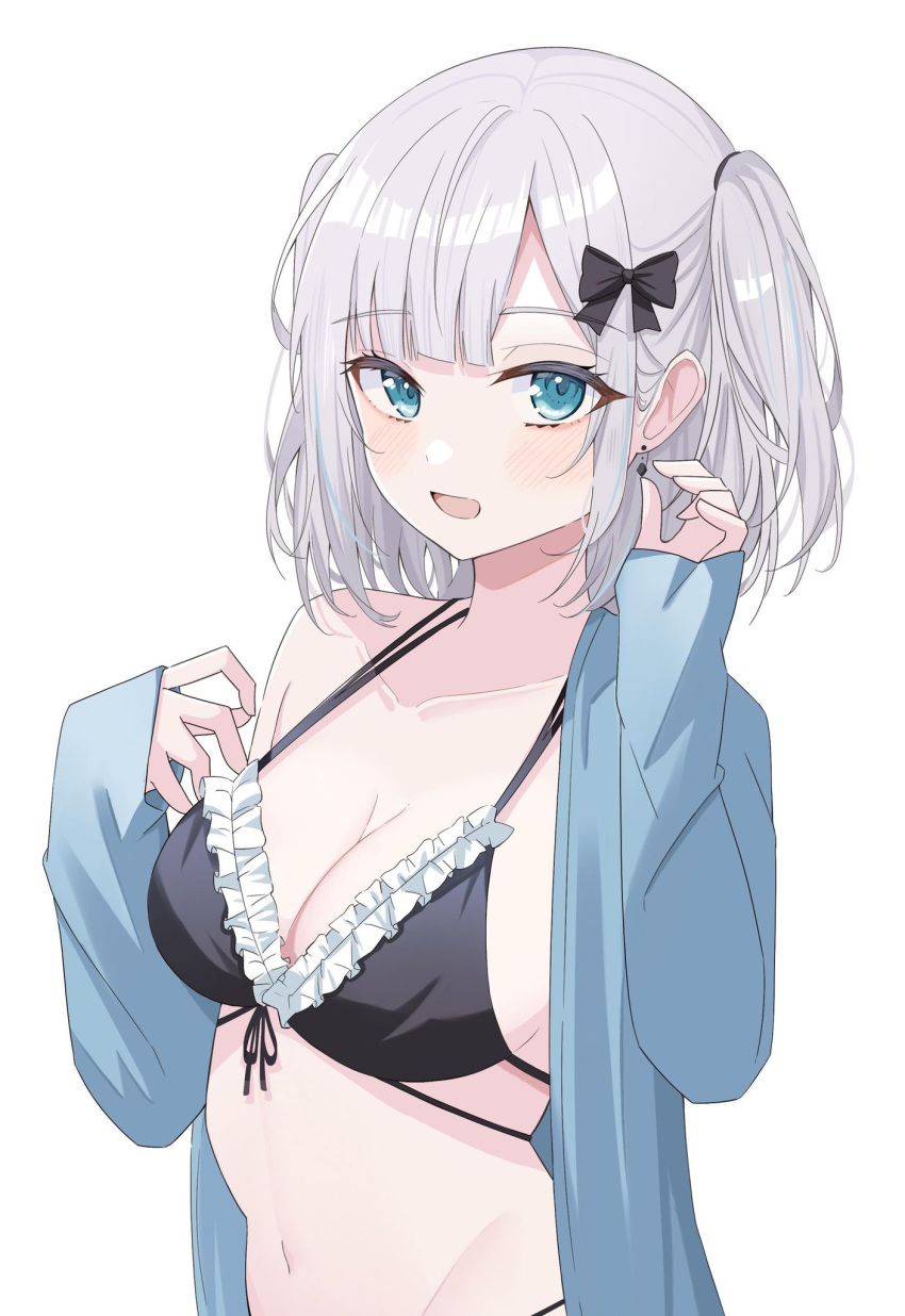 1girl aqua_eyes bikini black_bikini black_bow blue_shirt blush bow breasts cleavage commentary_request dreamoon frilled_bikini frills grey_hair hair_bow highres kaga_sumire long_sleeves looking_at_viewer medium_breasts navel open_clothes open_mouth open_shirt shirt short_hair simple_background swimsuit two_side_up upper_body virtual_youtuber vspo! white_background
