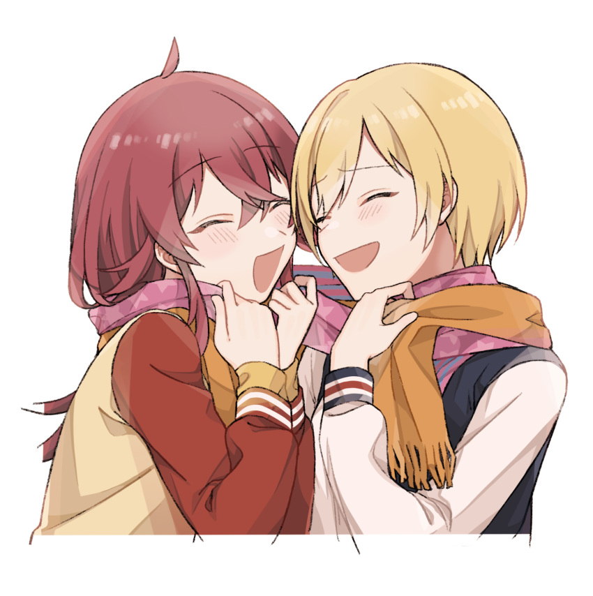 2girls ^_^ ahoge blonde_hair blush closed_eyes cropped_torso higawari_(higawarikn) highres idolmaster idolmaster_shiny_colors komiya_kaho long_sleeves multiple_girls pink_scarf red_hair saijo_juri scarf shared_clothes shared_scarf simple_background smile upper_body white_background yellow_scarf