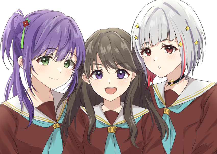 3girls :d aqua_neckerchief black_choker bob_cut brown_dress brown_hair chestnut_mouth choker closed_mouth colored_inner_hair commentary diagonal_bangs dress flower fujishima_megumi green_eyes grey_hair hair_bun hair_flower hair_ornament hasu_no_sora_school_uniform highres inverted_bob kiruto_(artar_12) link!_like!_love_live! long_hair long_sleeves looking_at_viewer love_live! multicolored_hair multiple_girls neckerchief o-ring o-ring_choker open_mouth otomune_kozue purple_eyes purple_hair red_eyes red_flower red_hair sailor_collar school_uniform short_hair side_ponytail sidelocks simple_background single_side_bun smile star_(symbol) star_hair_ornament streaked_hair upper_body virtual_youtuber white_background white_sailor_collar winter_uniform yugiri_tsuzuri