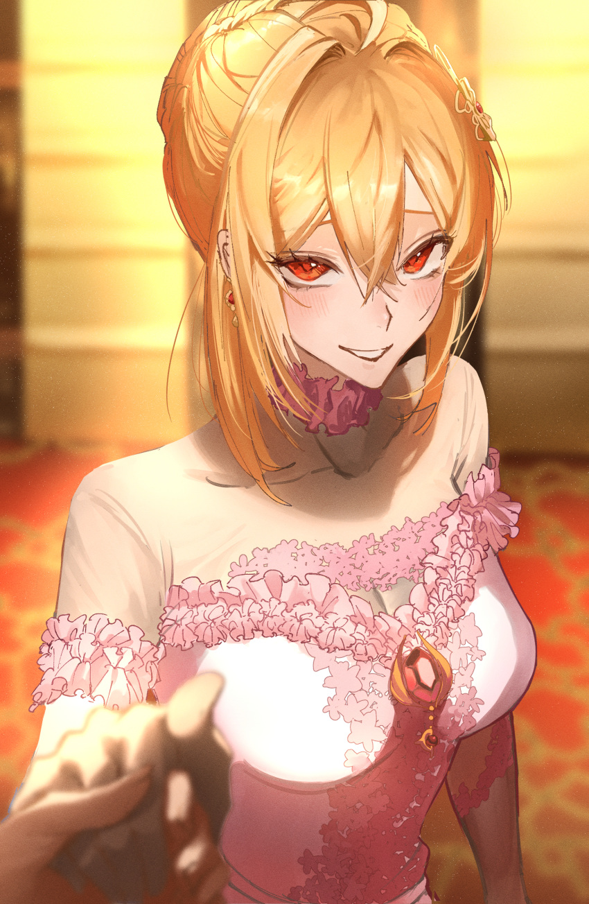 1girl absurdres ahoge angelica_rafa_redgrave blonde_hair blurry blurry_background blurry_foreground blush breasts choker cleavage commission covered_collarbone double-parted_bangs dress earrings frilled_choker frilled_dress frills gem grin hair_between_eyes hair_intakes hair_ornament highres holding_hands jewelry looking_at_viewer otome_gee_sekai_wa_mob_ni_kibishii_sekai_desu pink_choker pink_dress pov pov_hands red_eyes red_gemstone see-through see-through_cleavage see-through_dress sidelocks smile zuraa_(naunau_seijin)